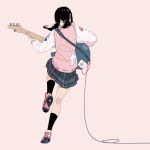  1girl black_hair black_legwear blue_skirt commentary_request daisukerichard electric_guitar from_behind full_body guitar highres holding holding_instrument instrument long_hair music original pink_background pink_vest plaid plaid_skirt playing_instrument red_footwear shirt shoes simple_background skirt sneakers socks solo standing standing_on_one_leg twintails vest white_shirt 