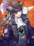  1boy aiguillette animal_on_shoulder arm_at_side ascot bangs bicorne bird bird_on_shoulder black_gloves blue_coat carrying_over_shoulder coat dr. epaulettes eyepatch from_above gloves gold_trim hand_up hat hat_feather head_scarf holding holding_sword holding_weapon ikemen_ooku jolly_roger long_sleeves looking_at_viewer male_focus non-web_source orange_background owl partially_unbuttoned pirate_costume pirate_hat plume purple_eyes purple_hair sash scarf skull_and_crossbones smile solo star_(symbol) star_print starry_background striped striped_scarf sword weapon white_ascot xeno_gerald 
