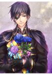  1boy aiguillette bangs black_gloves blue_flower box cape dated dr. earrings eyepatch flower gift gift_box gloves hair_between_eyes happy_birthday holding holding_flower holding_gift ikemen_ooku jewelry letterboxed long_sleeves looking_at_viewer male_focus non-web_source purple_cape purple_eyes purple_hair single_earring smile solo upper_body xeno_gerald 