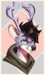  anthro black_eyebrows black_hair blue_antlers blue_body blue_eyes blue_fur cervid clothed clothing dragon eyebrows fur hair headshot headshot_portrait hi_res hibris hoodie hybrid inner_ear_fluff male mammal multicolored_body multicolored_fur portrait solo topwear tuft white_body white_fur 