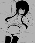  1girl arm_up bangs bed_sheet blush closed_mouth copyright_request drawstring greyscale groin hood hood_down hoodie k_knakomochi008 long_sleeves looking_away looking_to_the_side lying monochrome navel nose_blush on_back panties puffy_long_sleeves puffy_sleeves sleeves_past_wrists solo sweat thighhighs underwear 