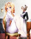  2girls alice_zuberg apron artist_request blonde_hair blue_eyes braid braided_ponytail chair dress eydis_(sao) feet grey_hair hairband high_ponytail highres long_hair maid maid_apron maid_headdress multiple_girls pantyhose shirt sitting sword_art_online sword_art_online:_alicization sword_art_online:_alicization_rising_steel white_dress white_hairband white_legwear white_shirt 