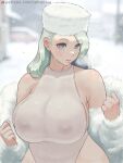 1girl artist_name bare_shoulders blue_eyes blurry blurry_background breasts character_request clenched_hands closed_mouth copyright_request eyebrows_visible_through_hair feet_out_of_frame fur fur_hat hands_up hat highleg highres huge_breasts long_hair looking_at_viewer medium_hair outdoors patreon_logo patreon_username snow snow_on_body snowing solo standing upper_body white_hair zefrableu 