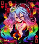  1girl :3 artist_name card chess_piece child closed_mouth collarbone commentary_request crown drawing forehead gem heisoruxartworks highres holding king_(chess) long_sleeves multicolored_hair no_game_no_life queen_(chess) queen_of_spades rainbow_gradient rainbow_hair shiro_(no_game_no_life) solo sparkle upper_body yellow_eyes 