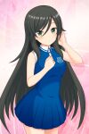  1girl :o absurdres alternative_girls bare_arms black_hair blue_dress buttons dress emblem eyebrows_visible_through_hair green_eyes hand_in_hair highres long_hair looking_at_viewer official_art pink_background sleeveless solo standing yukishiro_wakana 