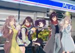  5girls asymmetrical_legwear bangs baozi black_hair black_shorts brown_coat brown_hair camouflage camouflage_jacket coat diagonal_bangs eating food glasses grey_hair highres idolmaster idolmaster_shiny_colors jacket kiri_meee l&#039;antica_(idolmaster) lawson miniskirt mismatched_legwear mitsumine_yuika multiple_girls purple_hair scarf shirase_sakuya shorts skirt tanaka_mamimi thighhighs tsukioka_kogane twintails white_coat yuukoku_kiriko 