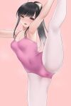  1girl :d absurdres arm_up armpits ballet bangs bare_arms bare_shoulders black_hair blush bow cameltoe commentary_request covered_navel eyebrows_visible_through_hair hair_bow highres leg_up leotard long_hair looking_at_viewer original pantyhose pink_background pink_leotard ponytail red_eyes ren_san simple_background smile solo split standing standing_on_one_leg standing_split very_long_hair white_bow white_legwear 