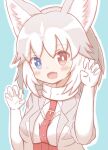  1girl :d animal_ear_fluff animal_ears belt belt_buckle blue_background blue_eyes blush breasts buckle claw_pose commentary_request dog_(mixed_breed)_(kemono_friends) dog_ears elbow_gloves fang gloves grey_hair grey_jacket hands_up heterochromia high-waist_skirt highres jacket kemono_friends looking_at_viewer medium_breasts multicolored_hair open_clothes open_jacket outline red_belt red_eyes red_skirt shirt short_sleeves skirt smile solo sunanuko_(ramuneko) two-tone_hair white_gloves white_hair white_outline white_shirt 