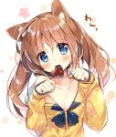  animal_ears bangs blue_eyes brown_hair commentary_request dog_ears eyebrows_visible_through_hair food_in_mouth head_tilt heart long_sleeves mouth_hold off_shoulder original pajamas paw_pose polka_dot polka_dot_shirt shirt suimya translated twintails upper_body valentine yellow_shirt 