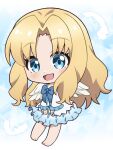  1girl 32ki7san angel_wings bangs barefoot blonde_hair blue_eyes blush chibi dress eyebrows_visible_through_hair feathered_wings firo_(tate_no_yuusha_no_nariagari) highres long_hair long_sleeves looking_at_viewer open_mouth smile solo tate_no_yuusha_no_nariagari very_long_hair white_wings wings 