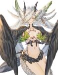  1girl bangs black_feathers black_wings breasts collarbone commentary_request elil_(granblue_fantasy) feathered_wings granblue_fantasy green_eyes hair_intakes hair_over_one_eye harpy head_wings highres horns long_hair medium_breasts midriff monster_girl mou_pl navel simple_background white_background white_hair white_wings winged_arms wings 