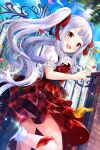  1girl :3 absurdres alternative_girls black_footwear brown_eyes day dress eyebrows_visible_through_hair highres hiiragi_tsumugi long_hair looking_at_viewer official_art open_mouth outdoors petals red_dress short_sleeves silver_hair smile solo twintails white_legwear 