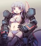  1girl bangs blue_bra blue_eyes blue_hair blue_panties bra cable hand_on_hip hand_on_own_leg henkei_shoujo itsuki_(henkei_shoujo) long_hair mecha_musume mechanical_arms midriff navel panties science_fiction solo thighhighs underwear yoshi_(crossmind) 