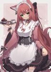  1girl absurdres animal_ears apron bangs black_bow bow breasts cake chocolate_cake choker closed_mouth corset cropped_legs cup desert dress food fox_ears frilled_apron frilled_cuffs frilled_dress frills fruit garter_straps green_eyes hair_bow half_updo heart heart_choker highres hinata_(user_rjkt4745) holding holding_tray japanese_clothes jewelry kimono long_hair looking_at_viewer maid_apron maid_headdress medium_breasts original red_hair red_kimono ring skirt_hold smile solo strawberry tea teacup thighhighs tray very_long_hair wa_maid white_apron white_legwear wide_sleeves wrist_cuffs 