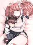  2girls :&lt; anchor_hair_ornament animal_ear_fluff animal_ears atlanta_(kancolle) bangs bed_sheet black_bodysuit black_headband black_sailor_collar blush bodysuit breasts brown_hair cat_ears cat_tail closed_mouth clothes_writing dog_ears dog_tail fukidamari_no_peke gloves hachimaki hair_ornament hatsuzuki_(kancolle) headband highres kantai_collection large_breasts light_brown_hair long_hair long_sleeves lying multiple_girls no_mouth partially_fingerless_gloves sailor_collar shirt skirt sleeping suspender_skirt suspenders tail two_side_up white_shirt yuri 