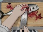  1girl absurdres animal_request blood blood_on_hands character_request copyright_request cutting_board fish green_eyes gutting highres holding holding_knife knife mo_ma_shima organs reflection short_hair tagme water_drop 