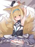 1girl animal_ear_fluff animal_ears arknights armpits arms_up bare_shoulders bed_sheet black_gloves blue_hairband blue_skirt blush brown_hair closed_mouth clothes_lift clothes_pull fox_ears fox_girl fox_tail frilled_skirt frills gloves hairband highres k_knakomochi008 kitsune looking_at_viewer lying multicolored_hair nose_blush on_back pantyhose pantyhose_pull shirt single_glove skirt skirt_lift solo suzuran_(arknights) tail tears two-tone_hair white_hair white_legwear white_shirt yellow_eyes 