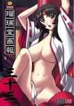  areolae black_hair breasts fundoshi harada_shoutarou headband highres japanese_clothes large_breasts open_clothes open_shirt purple_eyes queen's_blade shirt solo tomoe 