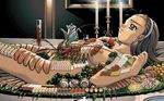  alcohol breasts brown_eyes brown_hair candle crustacean food gray_hair grey_hair hairband k lobster lying nyotaimori on_back sashimi sushi table wine 