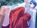  barefoot blue_hair censored cum cum_on_body cum_on_clothes cum_on_feet cum_on_lower_body feet footjob hand_behind_head japanese_clothes miko penis red_eyes water waterfall wet 