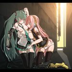  alley aqua_hair blush boots breast_sucking breasts chiri_(atlanta) clenched_teeth detached_sleeves fingering green_eyes green_hair hand_in_panties hatsune_miku headphones headset highres holding_hands knee_boots kneeling legs letterboxed licking long_hair medium_breasts megurine_luka multiple_girls necktie nipple_licking nipples open_clothes open_shirt panties pink_hair pussy_juice pussy_juice_stain shirt skirt small_breasts striped striped_panties tears teeth thighhighs tongue twintails underwear very_long_hair vocaloid wet wet_clothes wet_panties white_panties yuri 