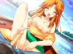  1girl artist_request barefoot breast_grab breasts censored closed_eyes clothed clothed_sex cum cum_on_body cum_on_feet cum_on_legs cum_on_lower_body denims eyes_closed feet fingering footjob game_cg grabbing long_hair masturbation misao_(natsuyasumi_dayo!) natsuyasumi_dayo!_oyakodon_~mama_mo_issho_ni_vacance_nikki~ nipples open_mouth orange_hair solo source_request toes 