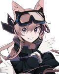 1girl :d animal_ears arknights black_jacket black_neckerchief brown_hair cardigan_(arknights) clenched_teeth dog_ears gloves goggles goggles_on_head hair_between_eyes hands_up highres jacket looking_at_viewer multicolored_hair neckerchief purple_eyes purple_hair simple_background smile solo streaked_hair teeth tetuw upper_body white_background white_gloves 