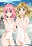  2girls artist_logo artist_name bangs bath bathing blue_eyes blurry blurry_background blush breasts brown_hair collarbone commentary_request copyright_name covering cowboy_shot english_commentary eyebrows_visible_through_hair eyelashes fang green_eyes hair_between_eyes hair_up hand_on_another&#039;s_back hands_up highres holding holding_towel inuyama_aoi kagamihara_nadeshiko long_hair looking_at_viewer medium_breasts mixed-language_commentary multiple_girls naked_towel nude nude_cover onsen open_mouth outdoors pink_hair raida_(user_yypr5857) rock shadow short_eyebrows side_ponytail sidelocks skin_fang small_breasts smile standing steam swept_bangs thick_eyebrows thighs towel wading water yurucamp 