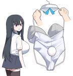  1girl akitokage01 bangs black_hair blue_bow blue_bowtie blunt_bangs bow bowtie bowtie_removed breasts brown_legwear collar collared_shirt cropped_arms detached_collar disembodied_limb eyebrows_visible_through_hair fake_tail from_side grey_skirt hair_between_eyes hair_ornament hairclip highres huge_breasts leotard long_hair looking_at_another miniskirt open_mouth original purple_eyes rabbit_tail rectangular_mouth shirt shirt_tucked_in short_sleeves sidelocks simple_background skirt solo_focus standing straight_hair sweatdrop tail thighhighs turning_head very_long_hair white_background white_collar white_leotard white_shirt zettai_ryouiki 