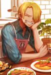  1boy apron blonde_hair blue_shirt cigarette closed_eyes commentary_request facial_hair food happy highres oekakiboya one_piece sanji shirt short_hair sitting sleeves_rolled_up smile smoking solo striped striped_shirt stubble 