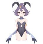  1girl :3 acerola_(pokemon) animal_ears arms_behind_back bangs black_leotard breasts cleavage closed_mouth commentary_request covered_navel cowboy_shot detached_collar eyelashes highres leotard looking_at_viewer playboy_bunny pokemon pokemon_(game) pokemon_sm purple_hair rabbit_ears sakana_(mimic0811) short_hair simple_background smile solo tied_hair topknot white_background wrist_cuffs 