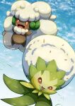  :d brown_eyes cloud commentary_request day eldegoss happy highres leaves_in_wind no_humans open_mouth orange_eyes outdoors pokemon pokemon_(creature) signature sky smile tanpakuroom tongue whimsicott 