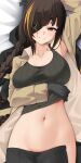  1girl arm_up armpits bangs bed_sheet black_gloves black_skirt blunt_bangs blush braid breasts brown_shirt closed_mouth collarbone crop_top dakimakura_(medium) eyepatch from_above girls&#039;_frontline gloves groin highres large_breasts long_hair long_sleeves looking_at_viewer lying m16a1_(girls&#039;_frontline) mole mole_under_eye navel no_panties on_back on_bed open_clothes open_shirt open_skirt orange_eyes scar scar_on_face shirt single_braid skirt smile solo stomach tank_top very_long_hair z.taiga 