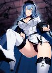  1girl akame_ga_kill! bangs black_panties blue_eyes blue_hair blush boots breasts chain cluseller commentary_request esdeath eyebrows_visible_through_hair high_heel_boots high_heels large_breasts long_hair long_sleeves panties parted_lips smile solo teeth thigh_boots thighhighs thighs underwear white_footwear white_headwear 