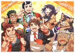  6+boys akashi_(live_a_hero) animal_ears anniversary aopanda bandaid bandaid_on_face bandaid_on_nose bara beard black_hair blush body_fur bow bracelet broken_horn brown_eyes brown_fur brown_hair chest_hair collar crystal dark-skinned_male dark_skin demon_boy demon_horns dog_boy dog_ears facial_hair fangs fangs_out furry furry_male goatee gomeisa_(live_a_hero) green_eyes green_hair grey_hair hair_ornament hitomi_(live_a_hero) horns japanese_clothes jewelry kyoichi_(live_a_hero) large_pectorals live_a_hero long_sideburns looking_at_viewer male_protagonist_(live_a_hero) mature_male multicolored_eyes multicolored_hair multiple_boys muscular muscular_male necklace necktie nessen_(live_a_hero) one_eye_closed open_mouth pale_skin pectoral_cleavage pectorals pointing pointing_up polka_dot polka_dot_background pubraseer_(live_a_hero) red_eyes red_hair red_necktie sailor sailor_collar scar scar_on_face scar_on_nose school_uniform short_hair sideburns smile star_(symbol) star_hair_ornament streaked_hair tattoo thick_eyebrows tribal_tattoo two-tone_fur two-tone_hair upper_body whistle whistle_around_neck yellow_eyes 
