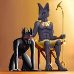  2021 all_fours anthro balls black_latex blue_eyes bodysuit bottomwear bracelet canid canine canis chair chastity_cage chastity_device claws clothed clothing dragon duo easy_access egyptian egyptian_mythology furniture genitals gold_(metal) gold_jewelry hand_on_head hi_res holding_object hood horn jackal jewelry looking_down looking_down_at_partner looking_forward lycanwolf male male/male mammal middle_eastern_mythology mitokep mythology necklace petplay red_body red_scales reptile roleplay rubber rubber_clothing rubber_suit scales scalie scepter sitting skinsuit skirt submissive submissive_male throne tight_clothing topless was_scepter yellow_eyes 