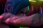  1girl arm_tattoo artist_name bangs blue_hair blurry blurry_background braid cloud_tattoo from_side hidrico_rubens jinx_(league_of_legends) league_of_legends long_hair pink_eyes portrait realistic shoulder_tattoo solo tattoo tears 