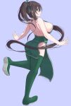  1girl akali akali_(legacy) ass bangs bare_shoulders blush boots breasts brown_hair dress green_dress green_eyes grey_background highres large_breasts league_of_legends long_hair looking_to_the_side ponytail popoman sideboob sideways_glance simple_background skindentation smile solo thigh_boots thighhighs 