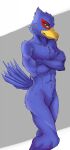  2021 5_fingers abs anthro avian beak bird blue_body blue_feathers crossed_arms falco_lombardi falcon falconid feathers fingers green_eyes hi_res male marcushunter nintendo nude pose raised_tail side_view solo standing star_fox video_games 