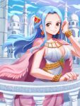  1girl balcony blue_hair bracelet breasts brown_eyes city cleavage commentary_request dress earrings eyelashes hair_ornament happy highres jewelry large_breasts long_hair looking_at_viewer nefertari_vivi oekakiboya one_piece smile solo standing 