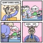  2021 angry anthro asinus blush comic democrat_donkey donkey duo edit equid equine genitals human lewd_toss male mammal penis politics punchline stonetoss voting voting_booth 
