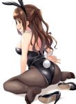  animal_ears ass back bare_shoulders black_footwear black_legwear black_leotard blush breasts brown_hair commentary_request dekosuke detached_collar eyebrows_visible_through_hair fake_animal_ears fake_tail flying_sweatdrops high_heels highres idolmaster idolmaster_cinderella_girls leotard long_hair medium_breasts on_floor pantyhose playboy_bunny rabbit_ears rabbit_tail shimamura_uzuki side_ponytail sidelocks sitting smile solo tail v wariza wavy_hair white_background wrist_cuffs yellow_eyes 