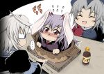  ... 1boy 2girls ahoge animal_ears blush breasts chibi chopsticks glasses grey_hair hidefu_kitayan morichika_rinnosuke multiple_girls purple_hair rabbit_ears reisen_udongein_inaba sauce smile touhou udon white_hair yagokoro_eirin 