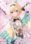  1girl arm_up bangs black_gloves blonde_hair blurry blurry_foreground breasts cherry_blossoms cherry_tree chest_sarashi cleavage collarbone covered_navel crossed_bangs dutch_angle falling_petals fingerless_gloves gloves green_eyes haori holding holding_sword holding_weapon hololive japanese_clothes katana kazama_iroha kimono long_hair oozora_haru open_mouth petals ponytail sarashi signature simple_background solo sword virtual_youtuber weapon weapon_on_back white_kimono wind 