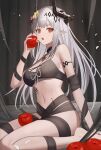  1girl :o apple arknights armlet bangs barefoot bikini black_bikini black_ribbon breasts dark_background eyebrows_visible_through_hair flower food fruit hair_flower hair_ornament highres holding holding_food holding_fruit horns large_breasts long_hair looking_at_viewer mudrock_(arknights) mudrock_(silent_night)_(arknights) navel official_alternate_costume open_mouth oripathy_lesion_(arknights) petals pointing pointy_ears red_eyes ribbon silver_hair sitting solo stomach swimsuit teruru0321 underboob very_long_hair yellow_flower 