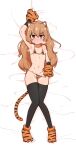  1girl :&lt; aisaka_taiga alternate_costume animal_ears animal_hands animal_print arm_up armpits artist_name ass_visible_through_thighs bangs bare_shoulders bed_sheet bikini bikini_pull black_legwear blush breath brown_hair closed_mouth clothes_pull collarbone commentary cum cum_on_stomach dakimakura_(medium) eyebrows_visible_through_hair flat_chest from_above full_body gloves highres knees_together_feet_apart layered_gloves liveactors long_hair looking_at_viewer lying navel nose_blush on_back orange_bikini orange_footwear orange_gloves paw_gloves paw_shoes pulled_by_self purple_eyes sheet_grab shiny shiny_hair shiny_skin sidelocks signature simple_background skindentation solo steam steaming_body stomach string_bikini sweat swimsuit tail thighhighs tiger_ears tiger_girl tiger_print tiger_tail toradora! twitter_username white_background 