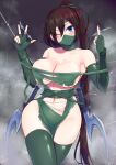  1girl akali akali_(legacy) bangs breasts brown_hair cleavage dress elbow_gloves gloves gradient gradient_background green_gloves grey_background hair_between_eyes hands_up highres holding holding_weapon large_breasts league_of_legends long_hair mask mouth_mask navel ninja ponytail popoman shiny shiny_hair skindentation smile solo thighhighs torn_clothes torn_dress weapon 