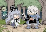  food forest ghost_tail glasses green_hair hidefu_kitayan highres japanese_clothes mononobe_no_futo morichika_rinnosuke nature onigiri saliva sharing_food sitting soga_no_tojiko sparkle touhou white_hair 