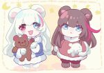  2girls :&lt; :3 :d animal_ears arknights bear_ears blue_coat blue_eyes blue_hair blush brown_footwear brown_gloves brown_hair character_doll chibi coat crescent full_body fur-trimmed_jacket fur_trim gloves heterochromia jacket long_hair looking_at_viewer multicolored_hair multiple_girls nicole_(lion) pink_hair red_eyes red_hair red_jacket red_legwear rosa_(arknights) smile standing star_(symbol) streaked_hair white_footwear white_gloves white_hair zima_(arknights) 