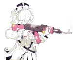  1girl aiming ak-47 assault_rifle barbara_(genshin_impact) ddari dress drill_hair genshin_impact gun highres holding holding_weapon kalashnikov_rifle long_sleeves monochrome nun priestess rifle simple_background solo twin_drills twintails weapon white_background 